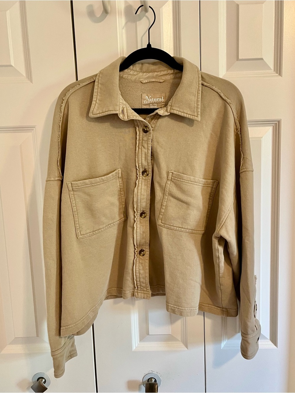 “Natural Relections” Harbor; cropped BUTTON-DOWN sweatshirt; XL; Warm TAUPE/TAN
